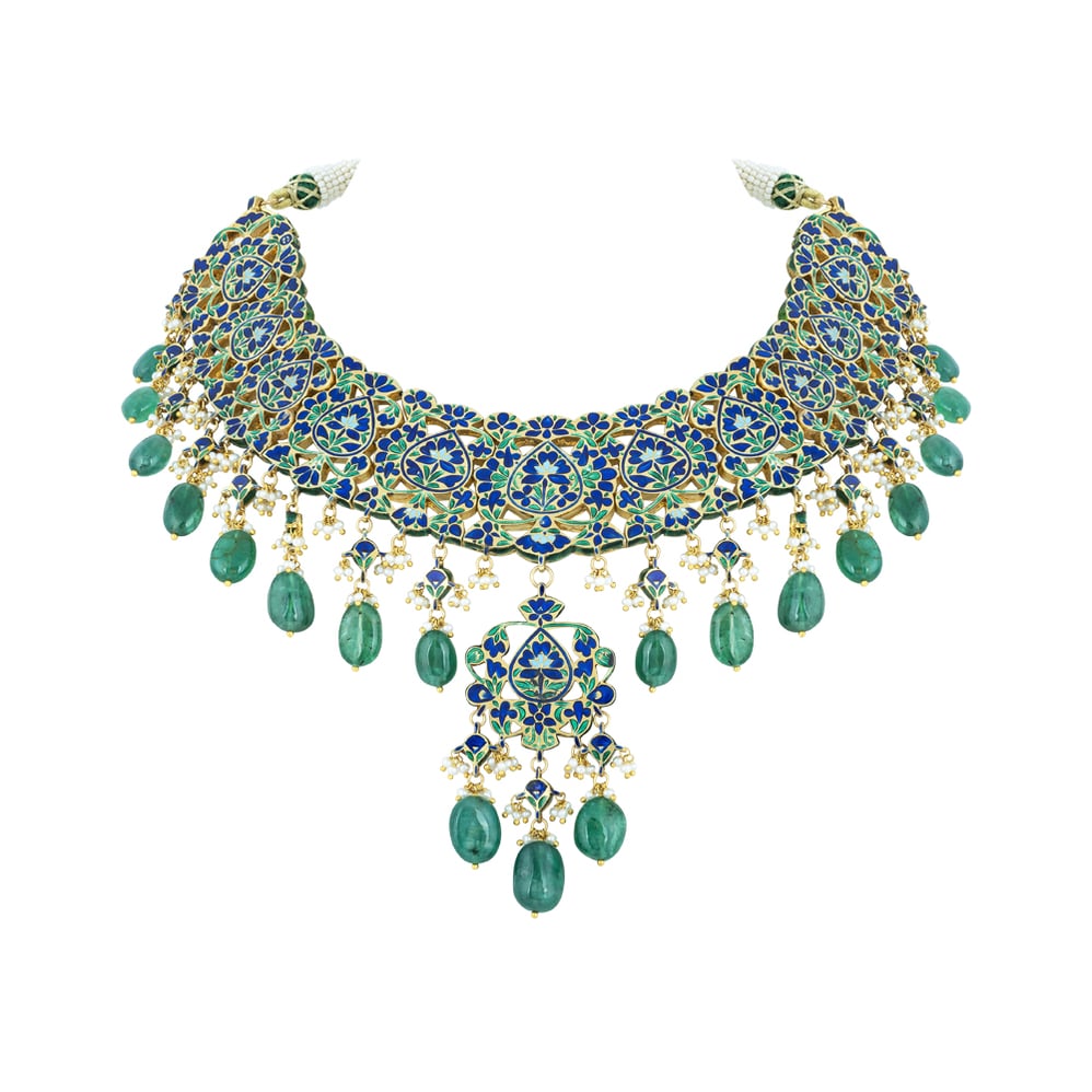 Polki Necklace with Green Enamel and Emerald Maniyas Beads